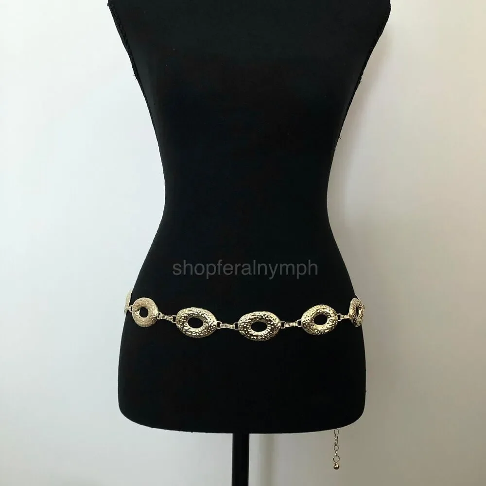 Vintage Y2K Boho Gold Hammered Open Oval Chain Belt, Up to 42.5 Inches, X7GA1146